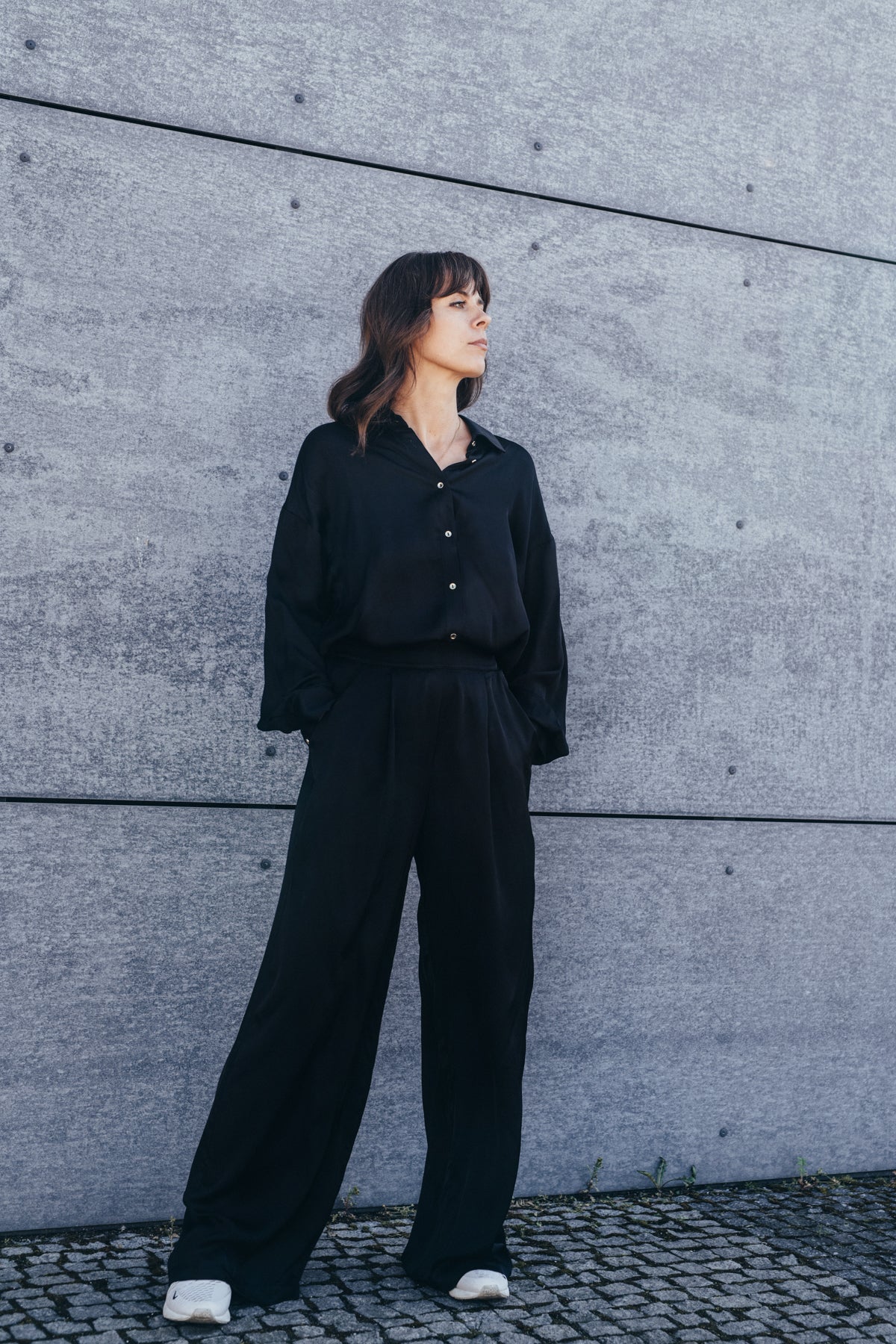 Echo Viscose Satin Wide Leg Trousers – Black