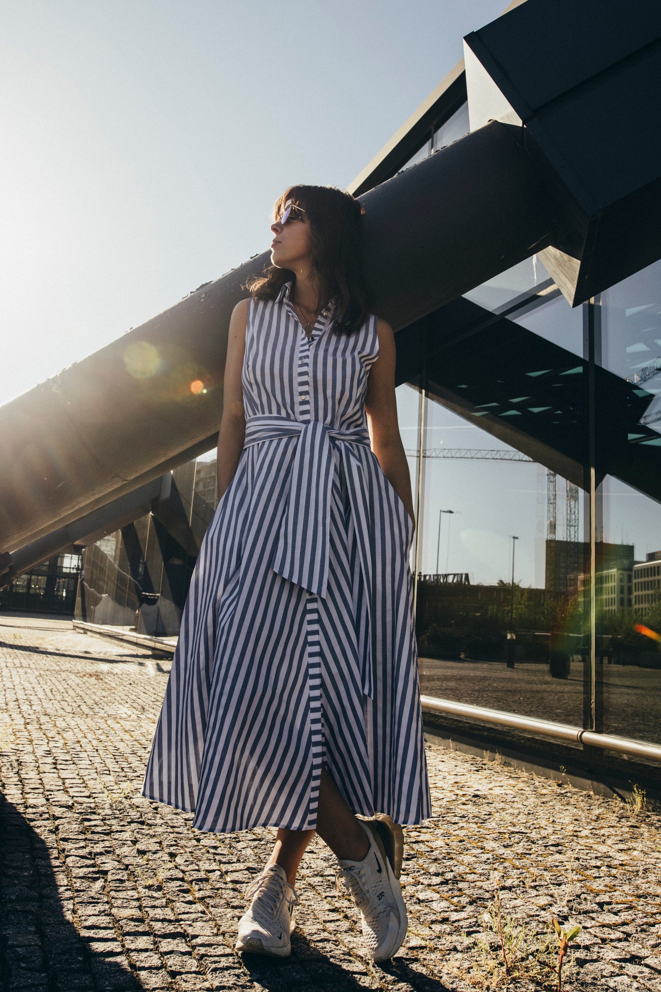 Echo Button Down Collar Midi Summer Dress – Blue and White Stripes