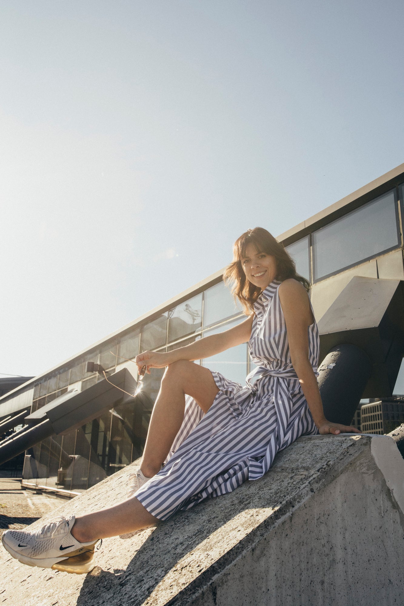 Echo Button Down Collar Midi Summer Dress – Blue and White Stripes