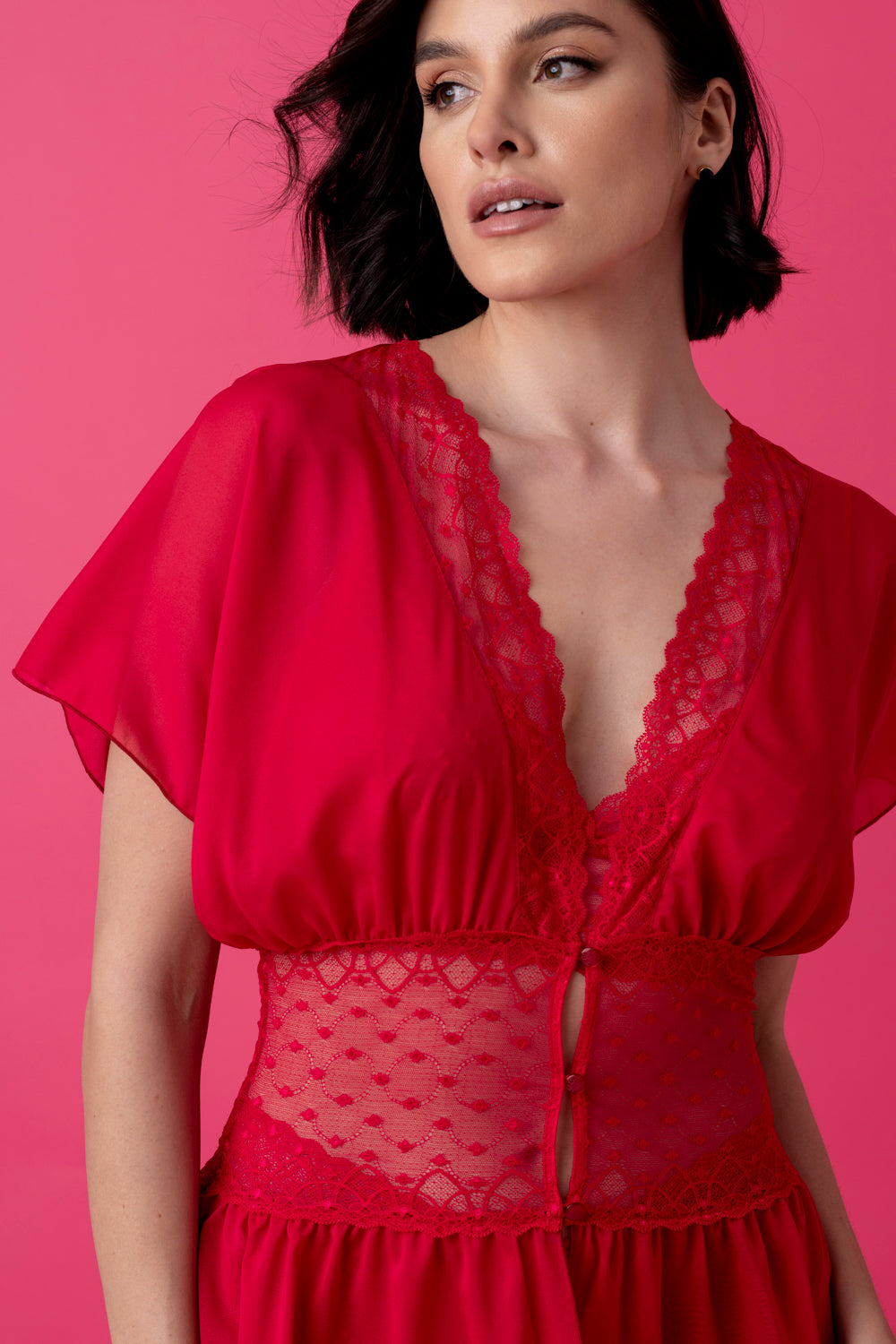 Ballade długi peniuar z koronkowym pasem – malina_5