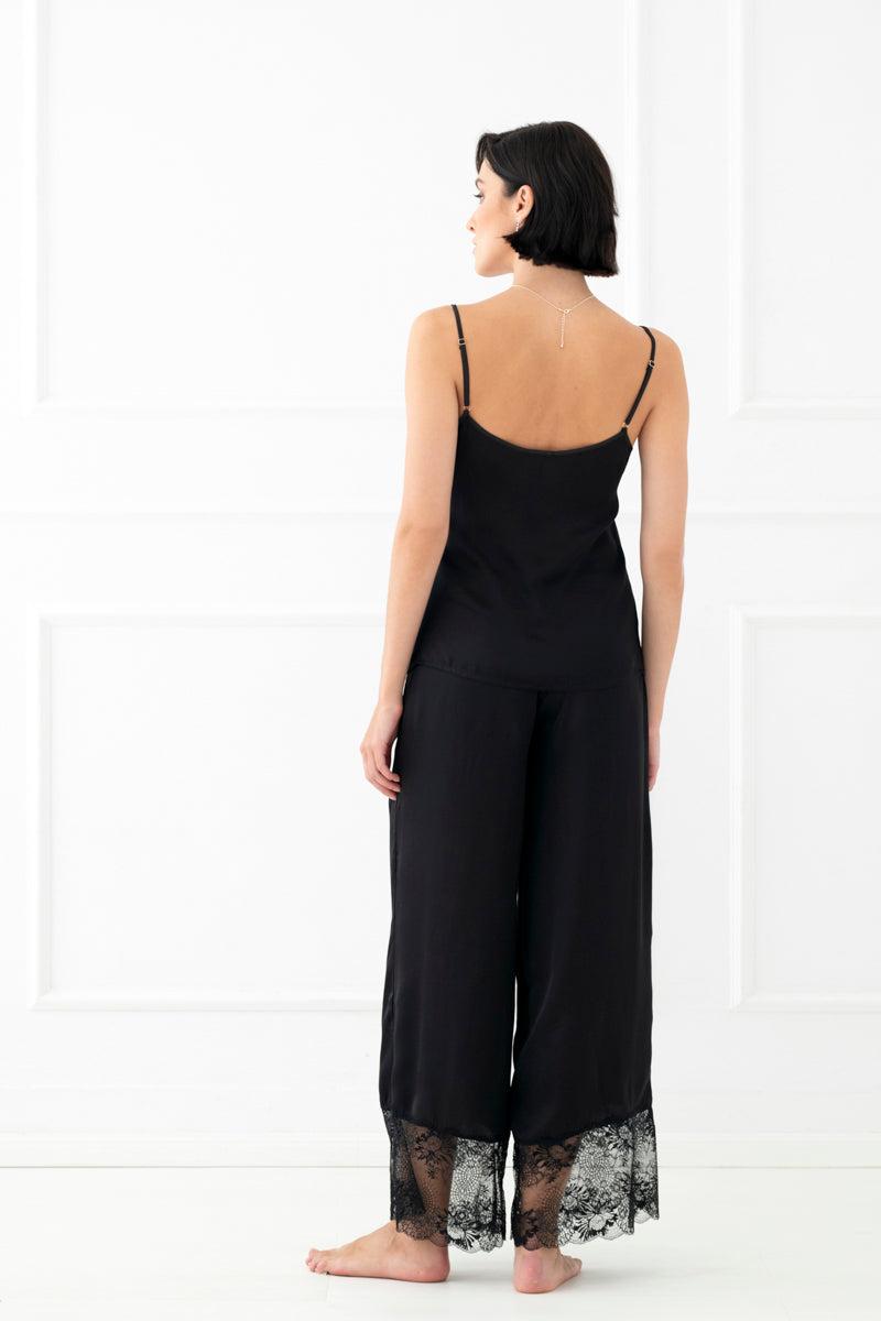 Bliss Damen Pyjama-Set mit langer Hose, Viskose-Satin - Schwarz