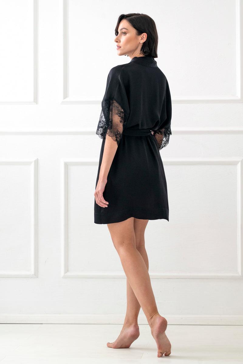 Bliss Women's Viscose Satin Peignoir, Elbow Sleeves - Black