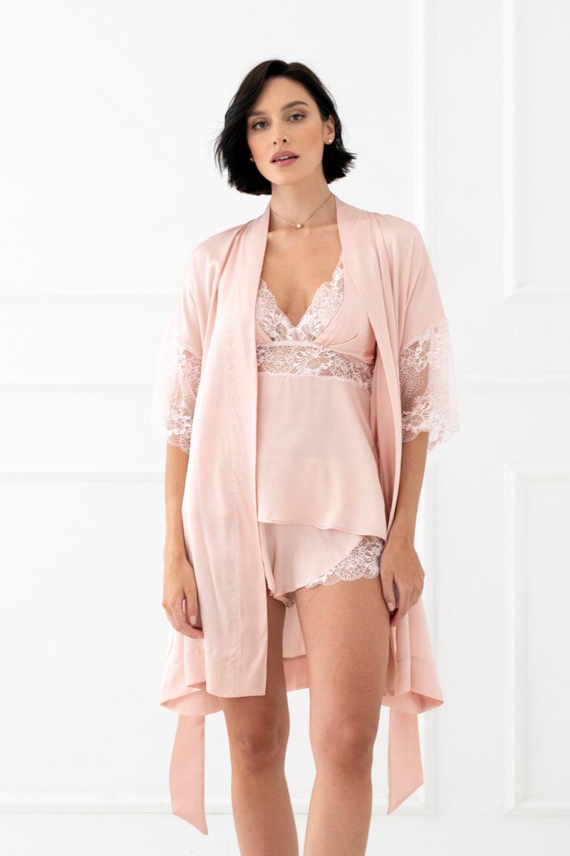 Bliss women's viscose satin negligee, elbow-length sleeve - dirty pink