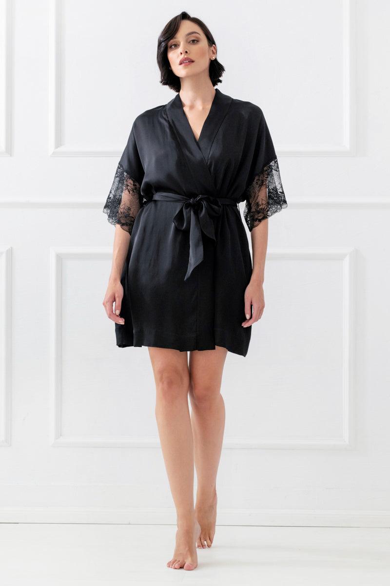 Bliss Women's Viscose Satin Peignoir, Elbow Sleeves - Black