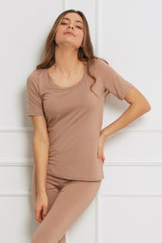 Loungewear bluzka z Tencelu z krótkim rękawem - camel