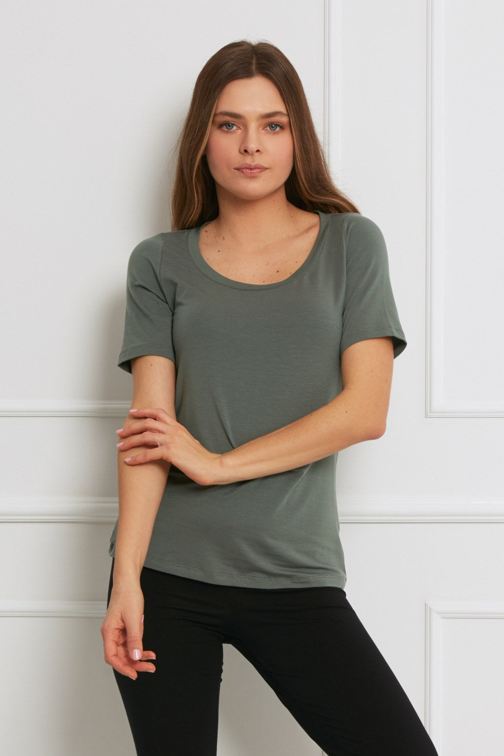 Loungewear bluzka z Tencelu z krótkim rękawem - zielona agawa