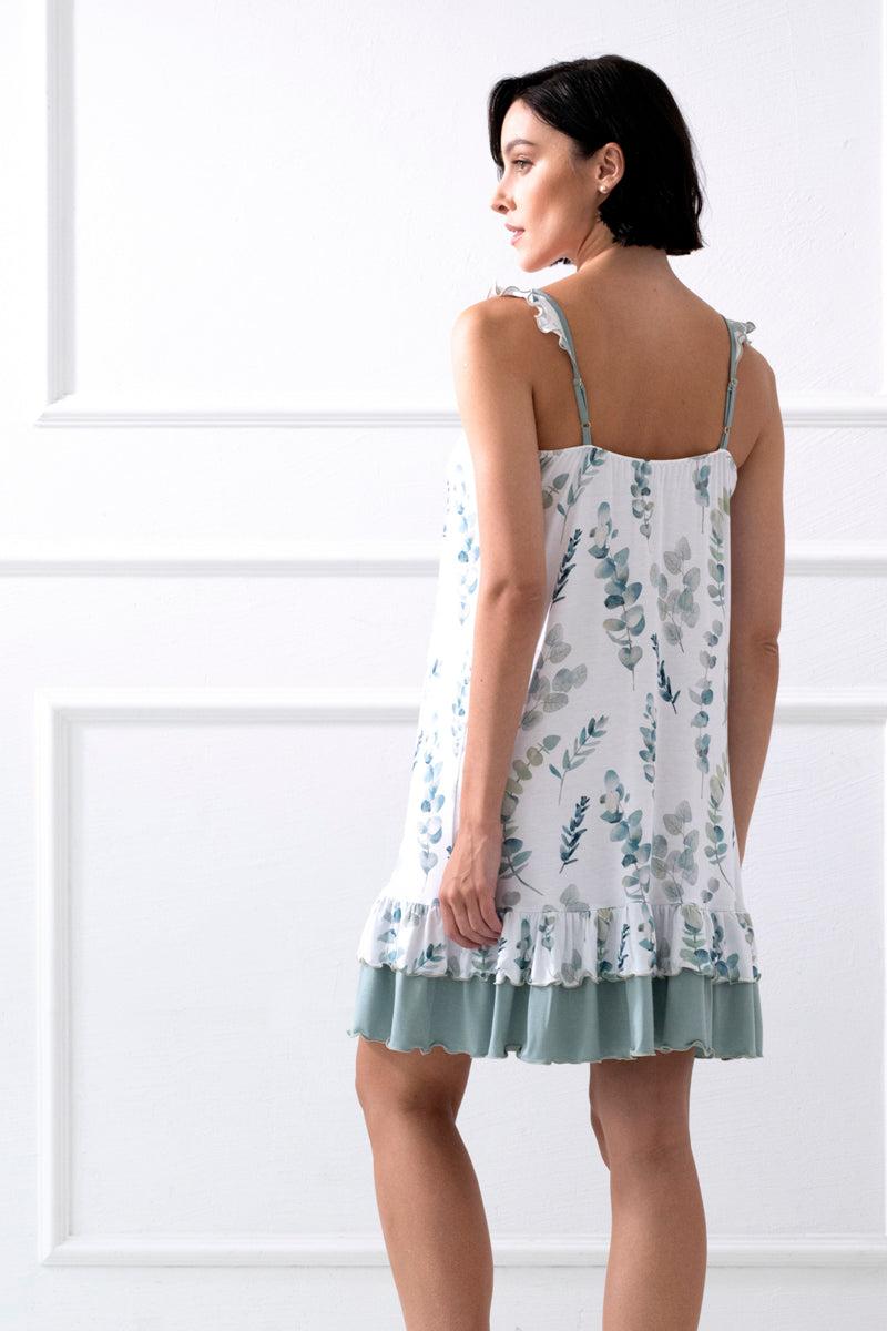 Botanica ruffled strapless nightie – leaf print, pastel green
