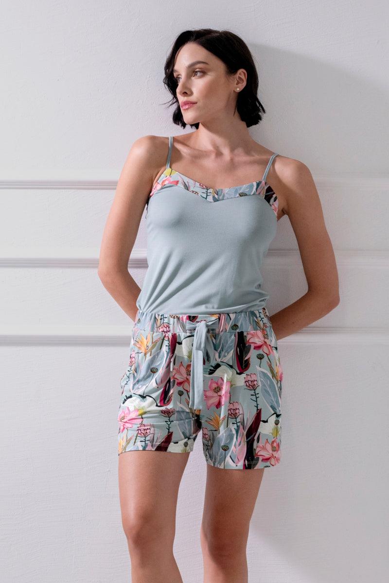 Botanica short women's pajama with bow - floral print, pastel green