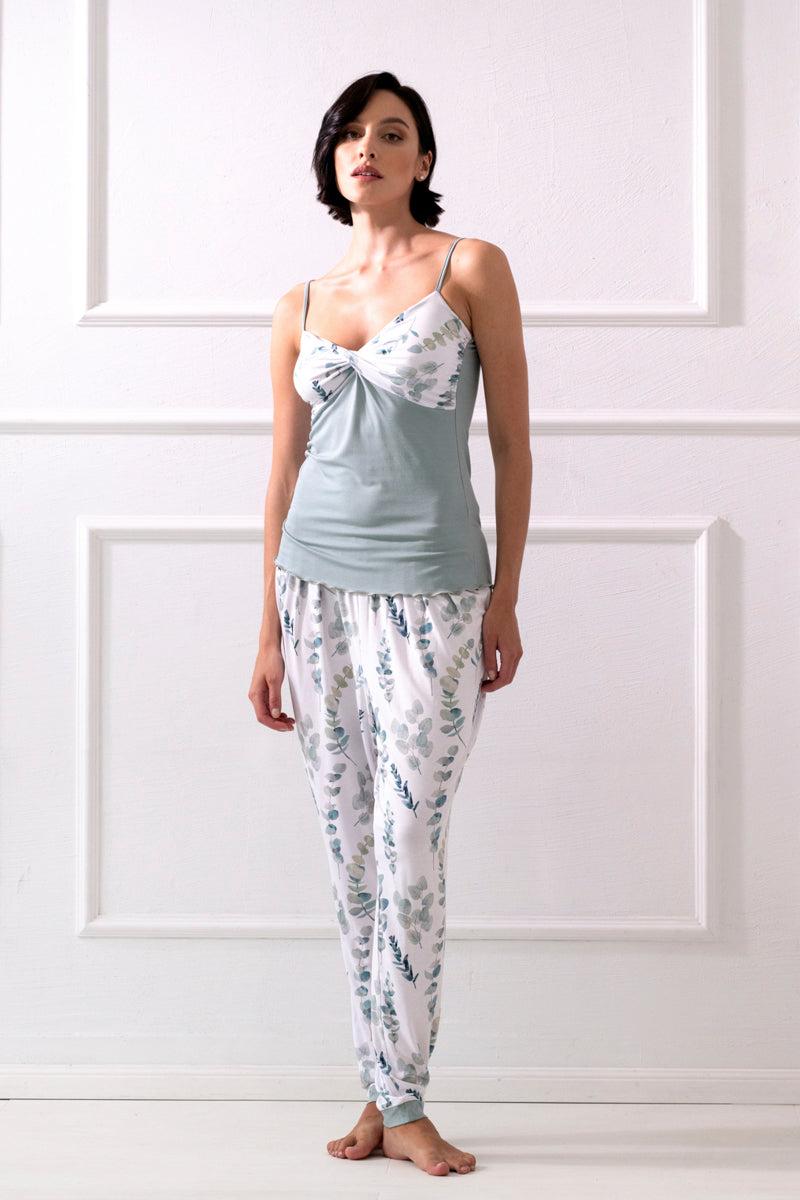 Botanica Strappy Top and Long Pants Pajama Set – Leaf Print, Pastel Green