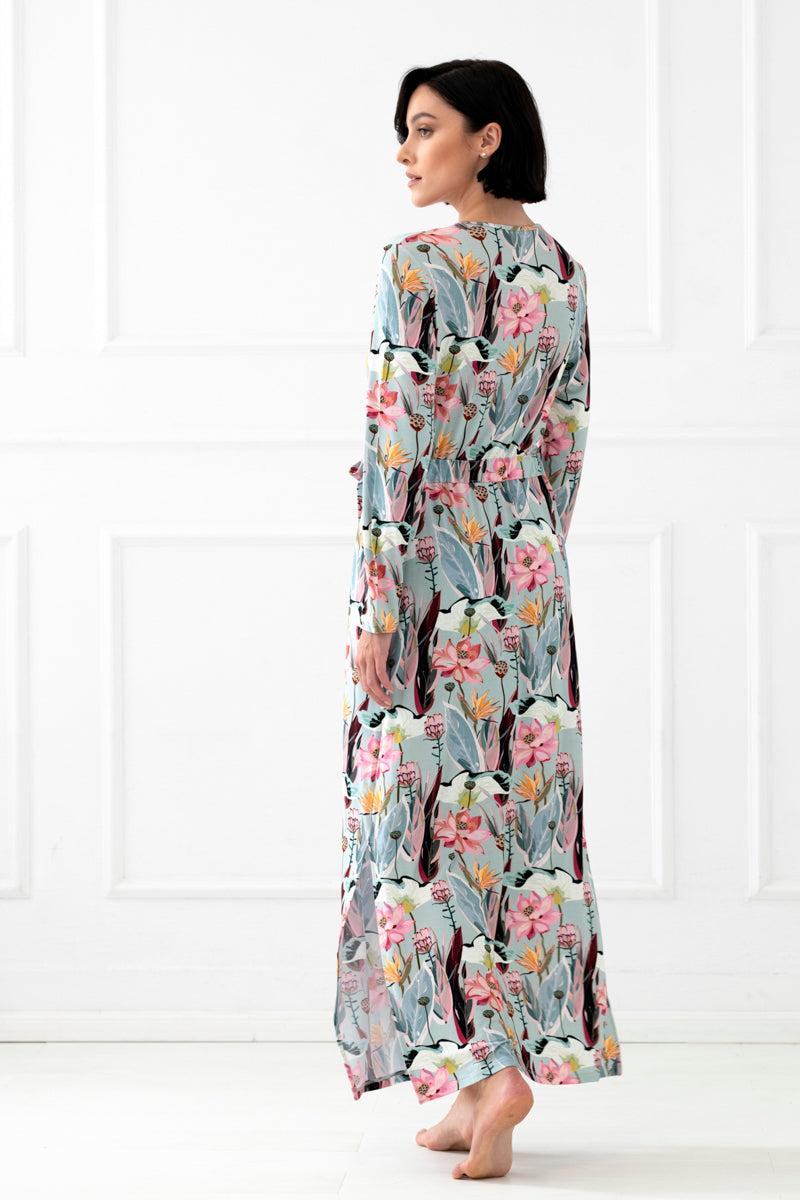 Botanica long dressing gown with leg slits – floral print