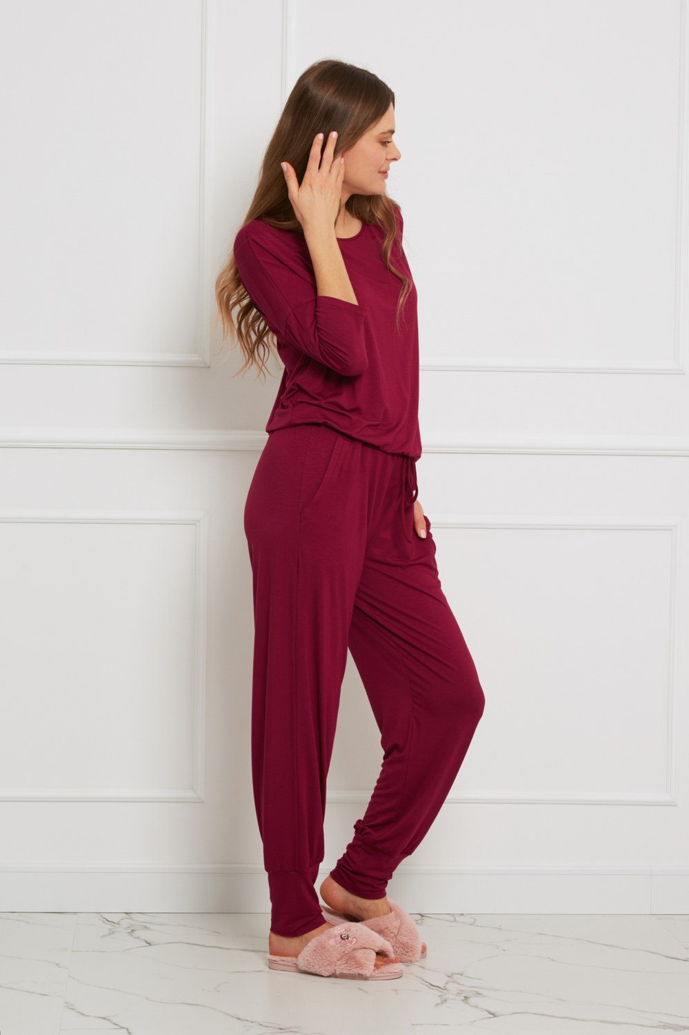 Loungewear długi komplet ze spodniami z kieszeniami - żurawina_2