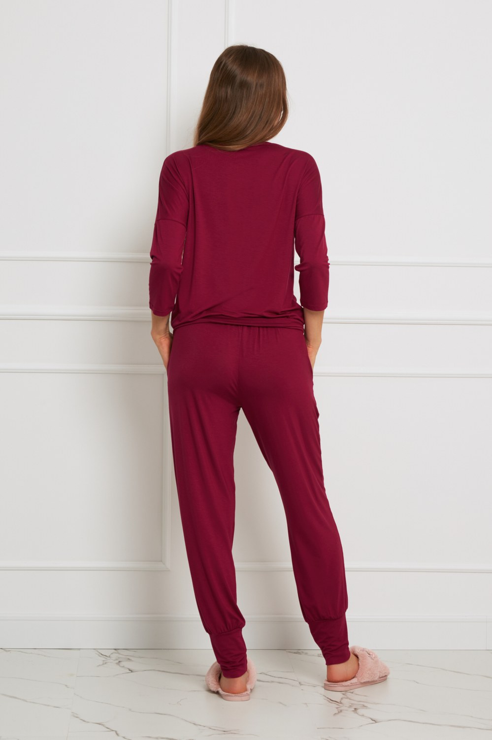 Loungewear długi komplet ze spodniami z kieszeniami - żurawina_3