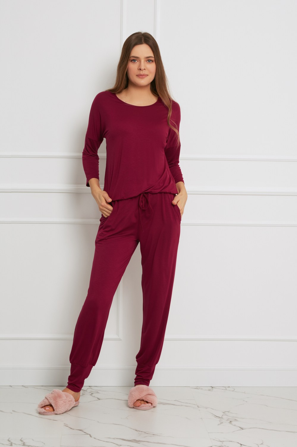 Loungewear długi komplet ze spodniami z kieszeniami - żurawina
