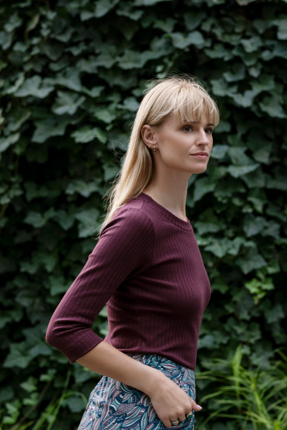 Echo cotton ribbed blouse with 3/4 sleeves – burgundy