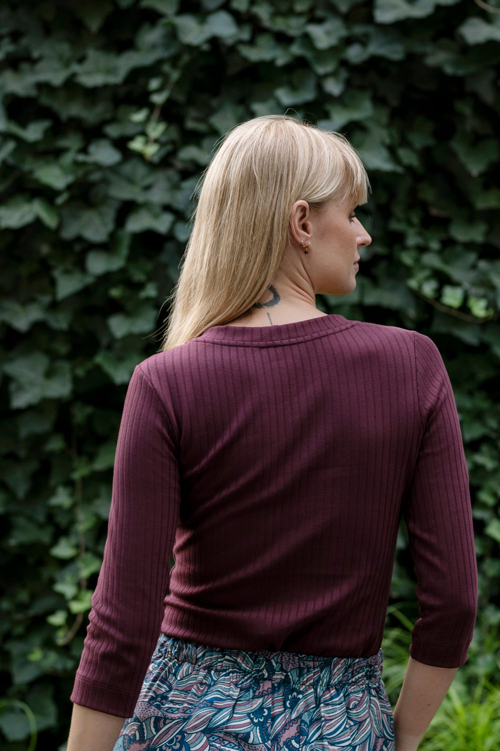 Echo cotton ribbed blouse with 3/4 sleeves – burgundy