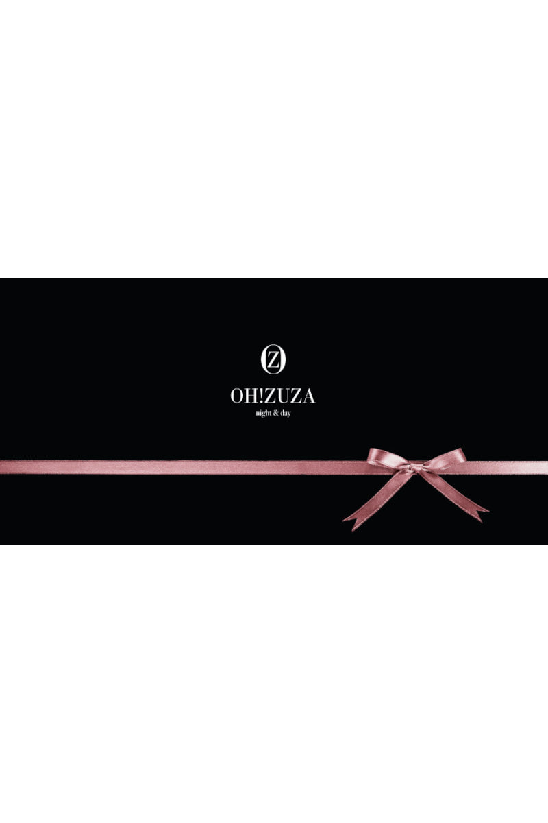 Czarna grafika z logo OH!ZUZA nad poziomą różową wstążką i kokardką-Karta podarunkowa - 500 zł, idealna na każdą okazję, dostępna w naszym sklepie internetowym.