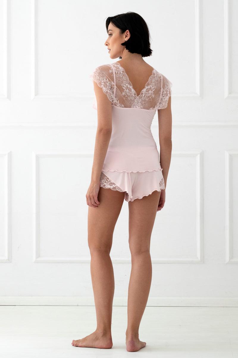 Glow Women's Pajama Set with Lace Detail - Light Pink