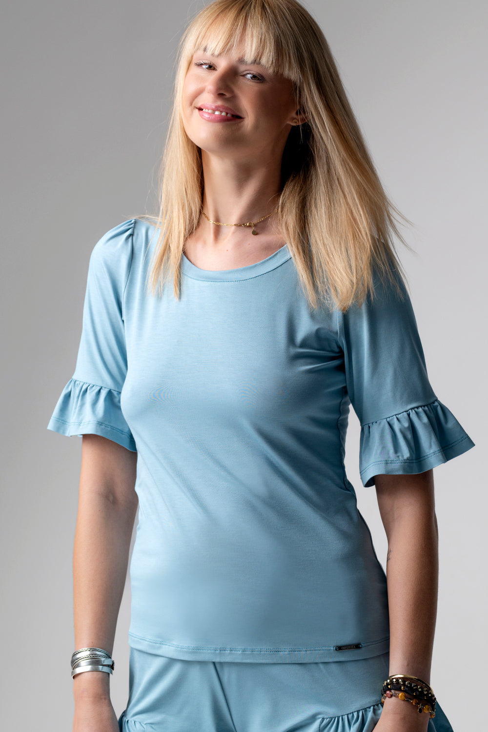 Jackie krótka piżama loungewear z falbankami – woda_6