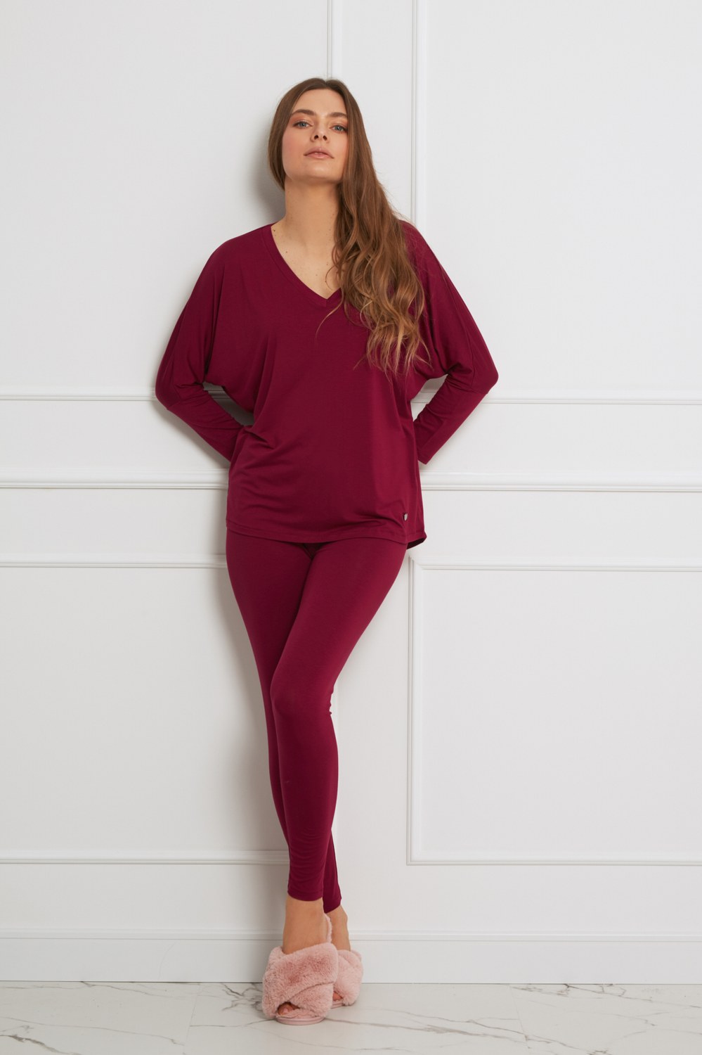 Loungewear wiskozowy komplet z legginsami - żurawina