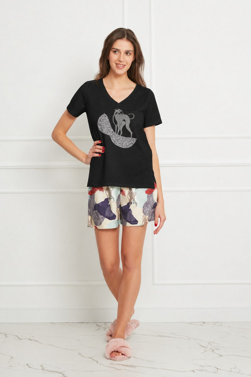 Loungewear bawełniana koszulka z nadrukiem whippeta - czarna_2