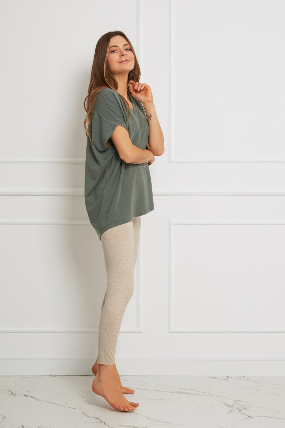 Loungewear legginsy z Tencelu - beżowy melanż_3