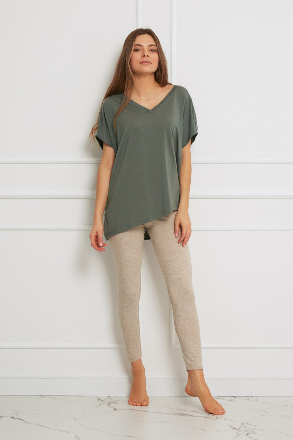 Loungewear legginsy z Tencelu - beżowy melanż_2