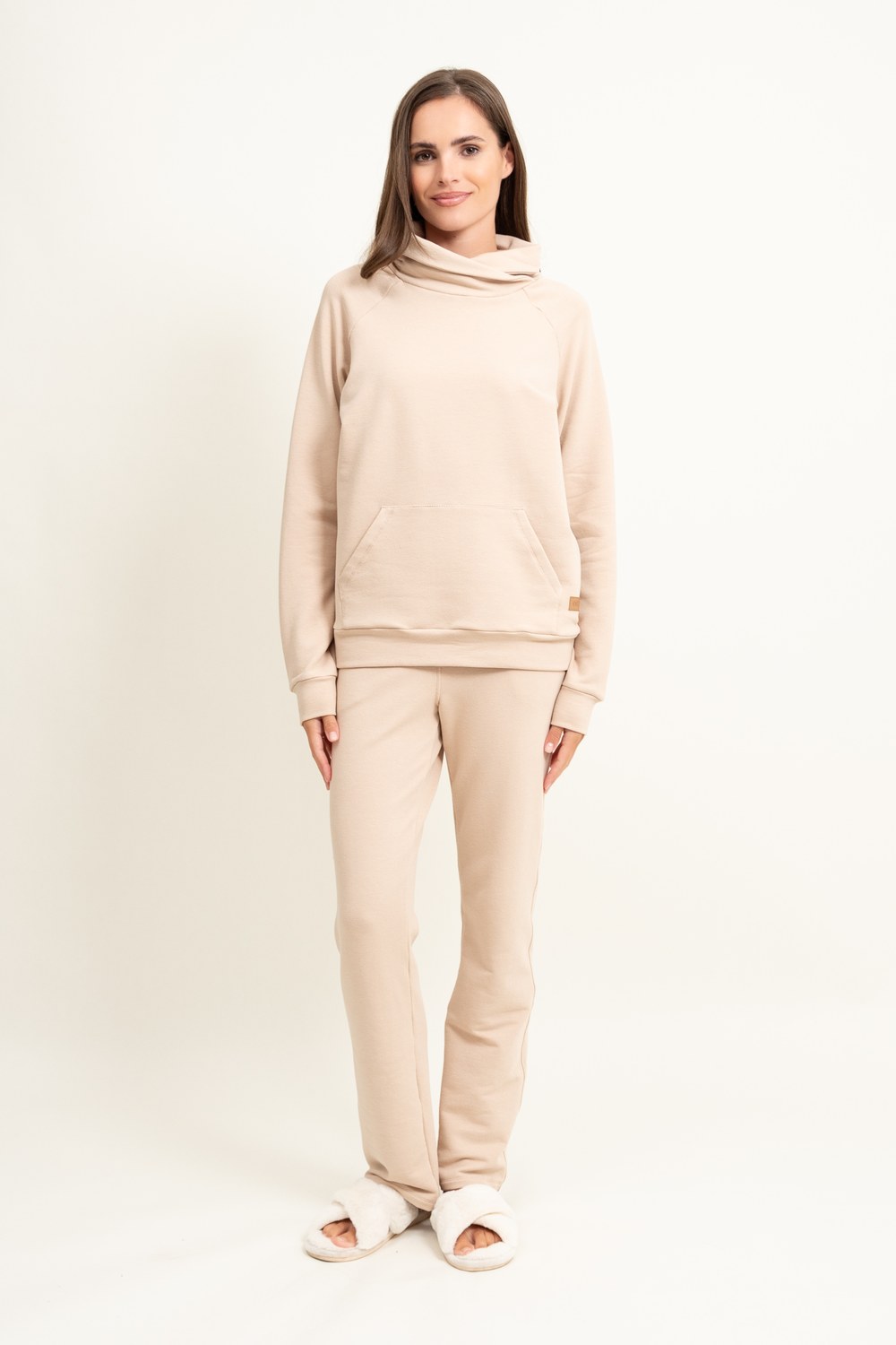 Loungewear bawełniana bluza z wywijanym kołnierzem - ciepły beż_3