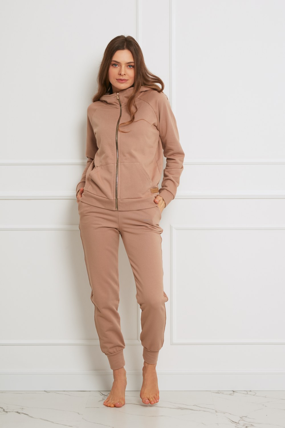 Loungewear bawełniana bluza z kapturem na suwak - kamel_5
