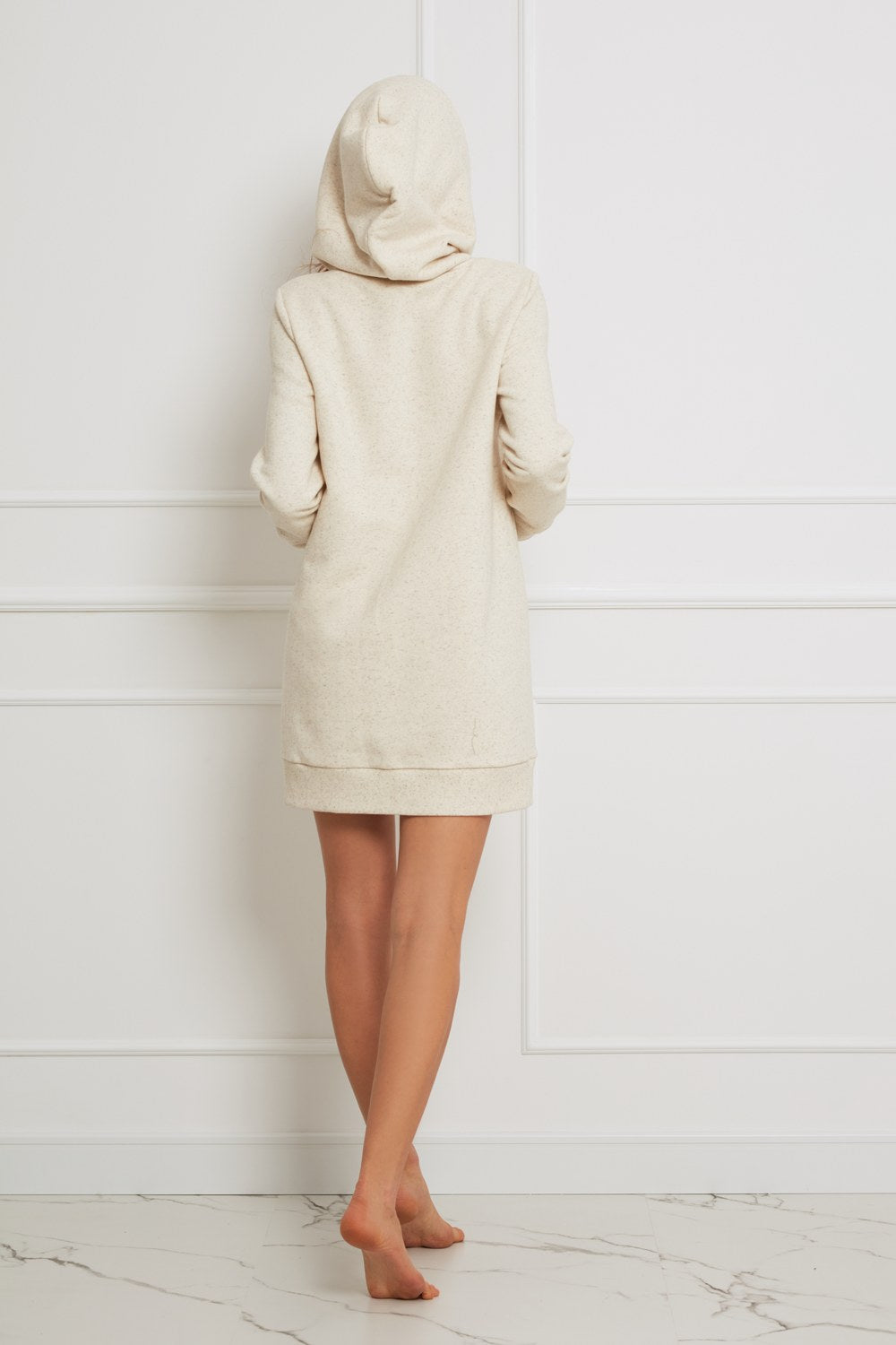 Loungewear bawełniana bluza-sukienka z kapturem - jasny beżowy melanż_2