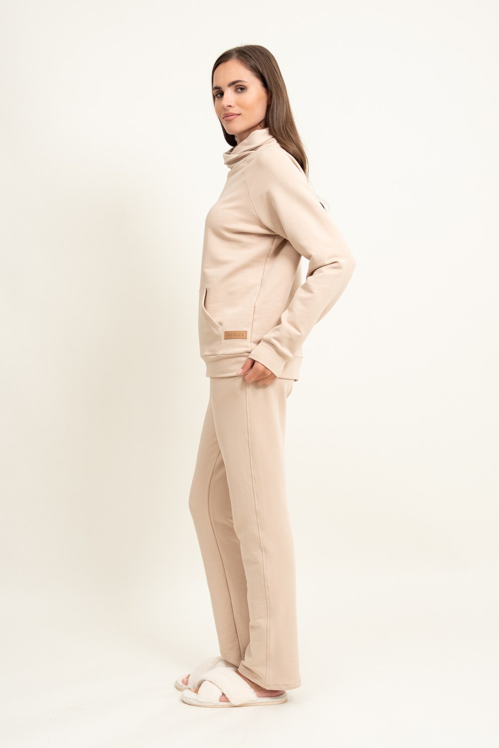 Loungewear bawełniana bluza z wywijanym kołnierzem - ciepły beż_2