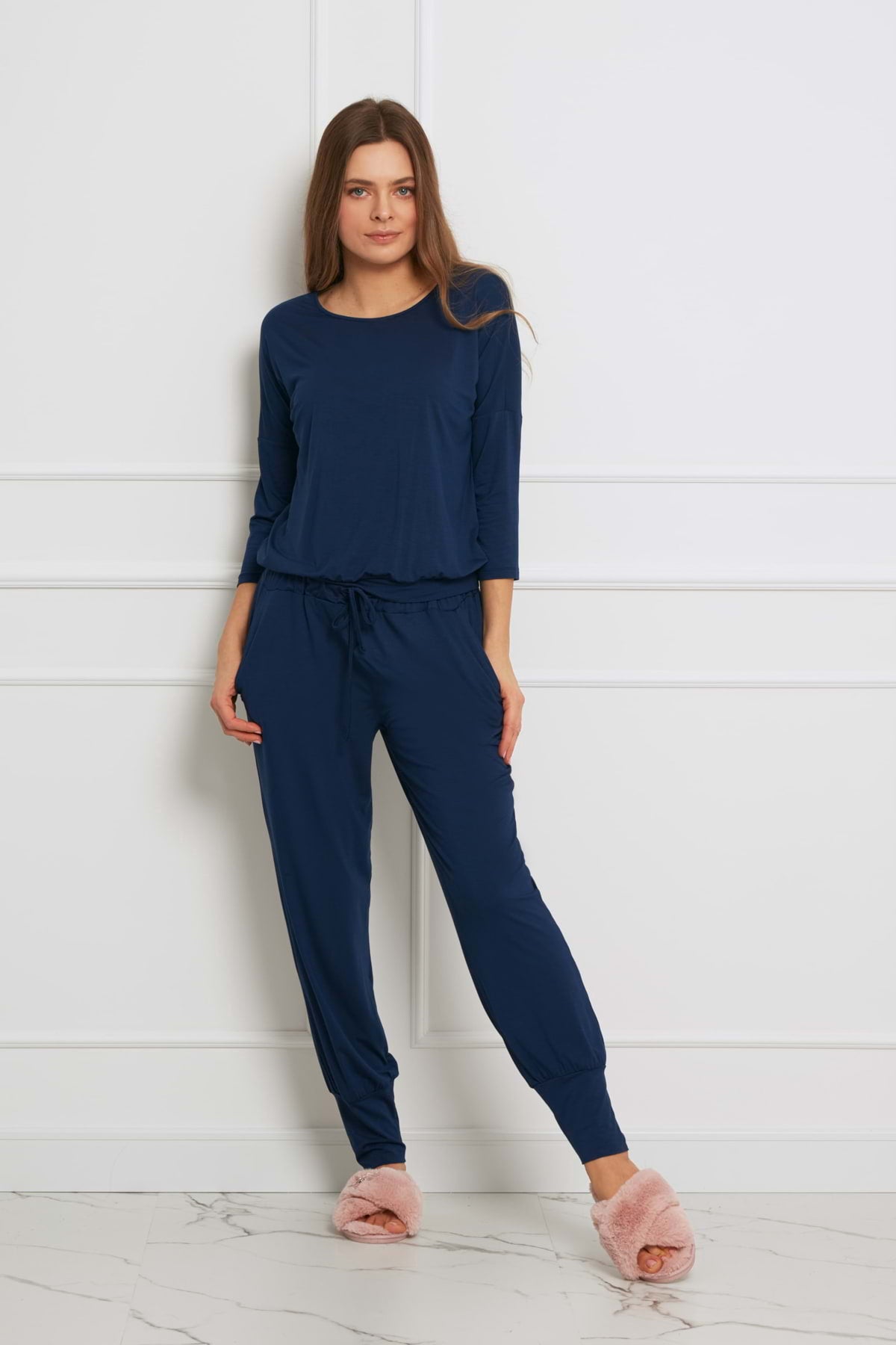 Loungewear long set with pants with pockets - navy blue
