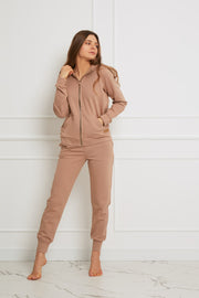 Loungewear bawełniana bluza z kapturem na suwak - kamel