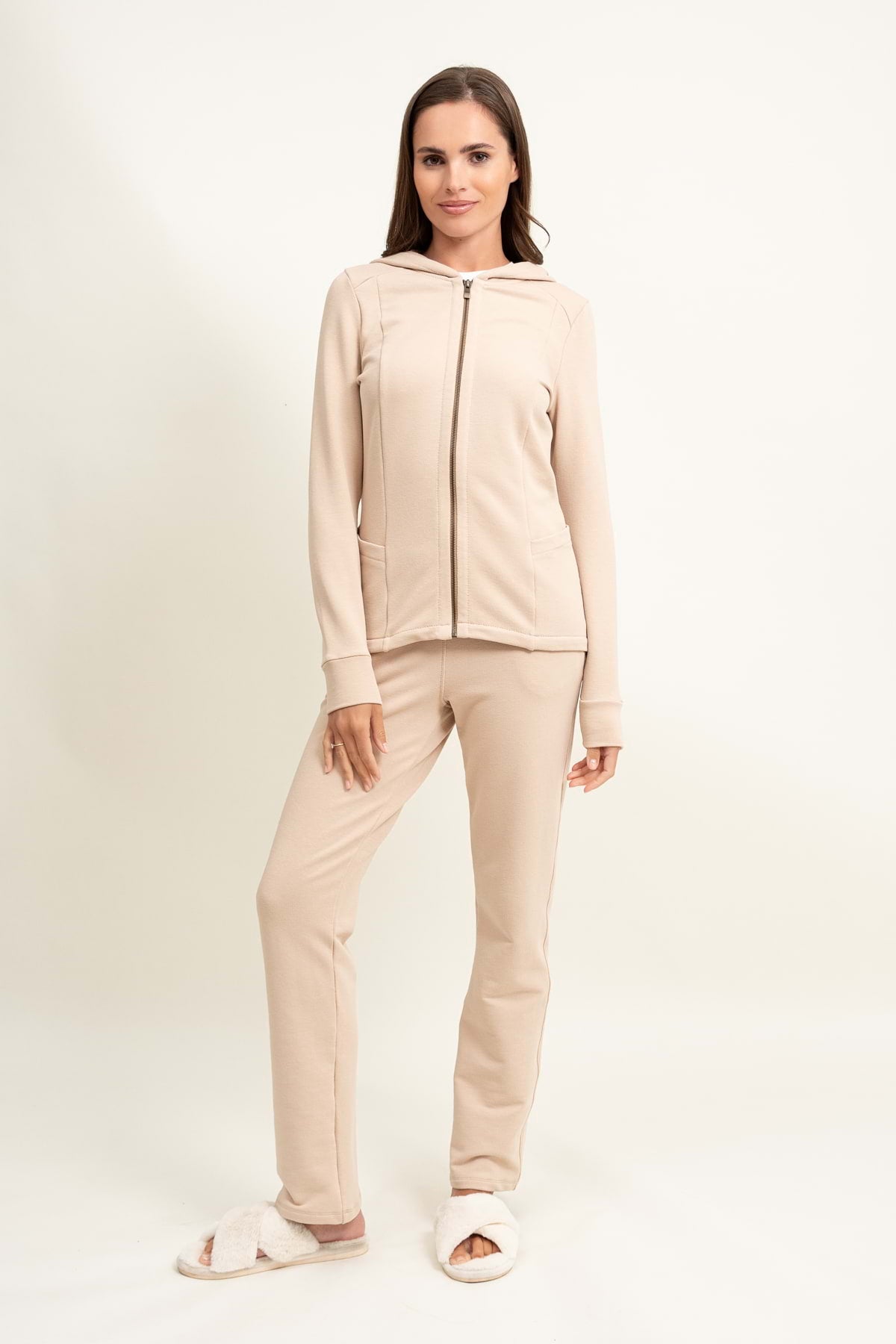 Loungewear rozpinana bluza z kapturem – jasny beż