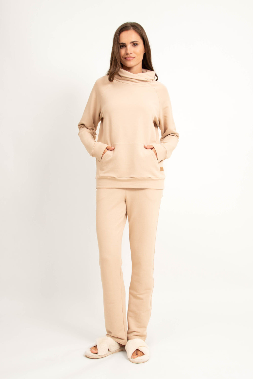 Loungewear bawełniana bluza z wywijanym kołnierzem - ciepły beż_4