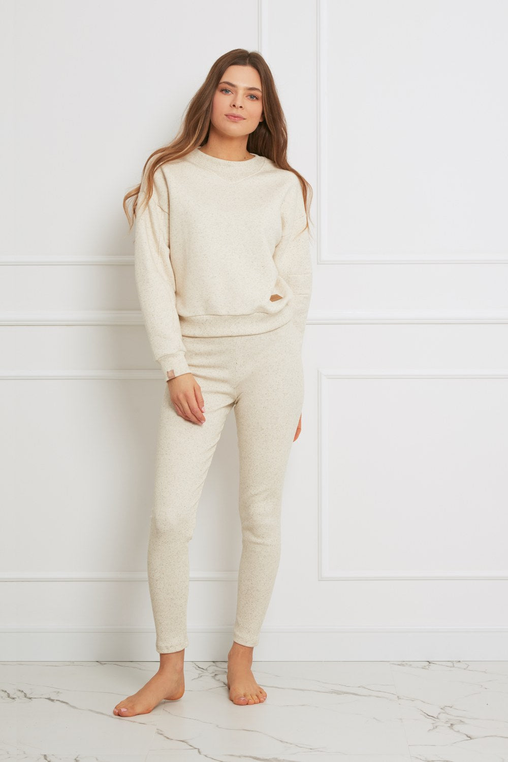 Loungewear krótka bluza bawełniana oversize - jasny beżowy melanż