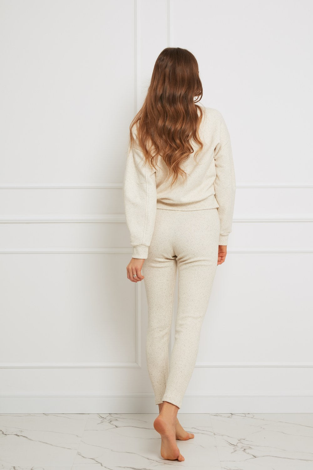 Loungewear bawełniane legginsy w prążek - jasny beżowy melanż_2