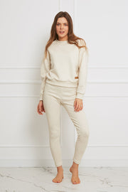 Loungewear bawełniane legginsy w prążek - jasny beżowy melanż