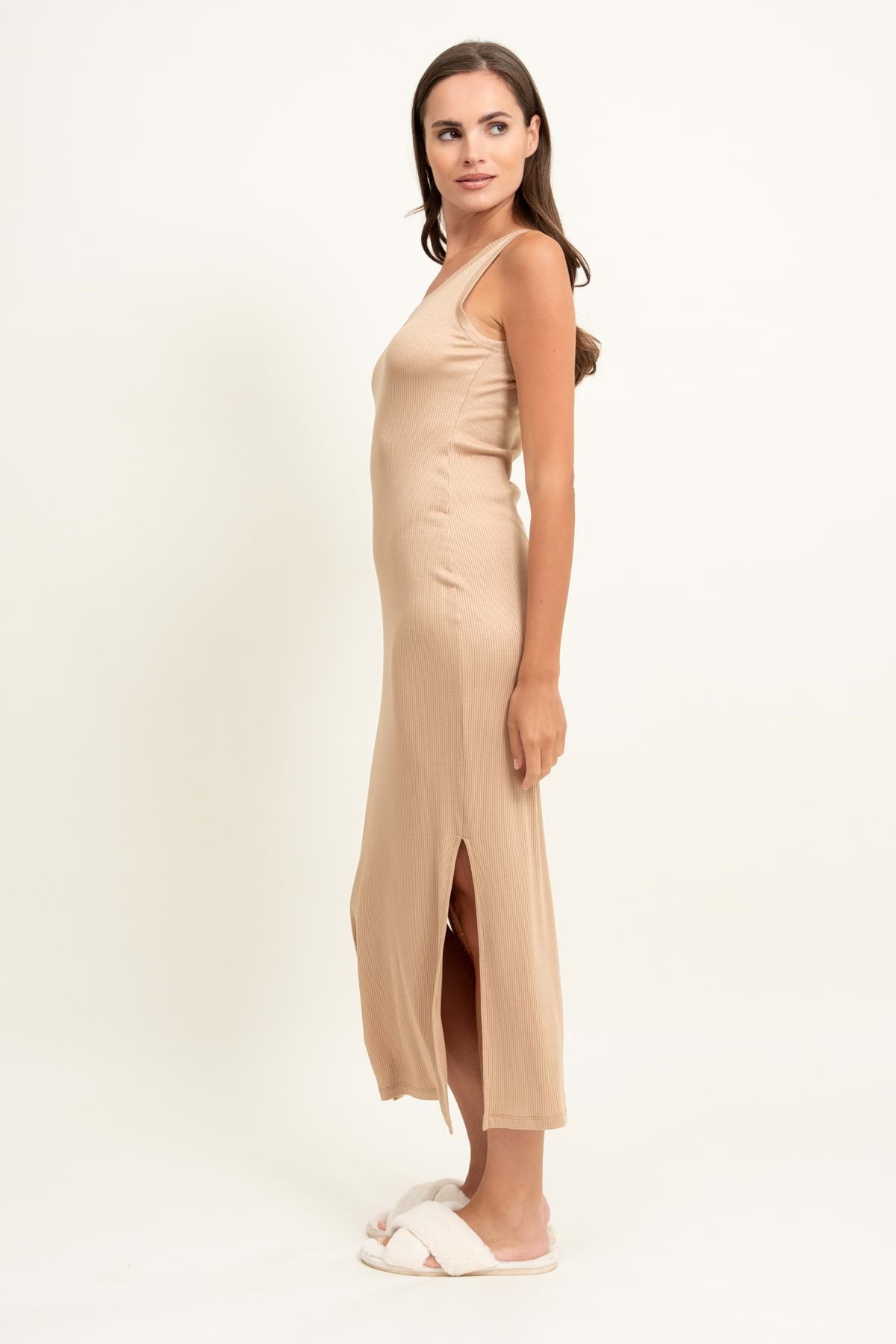 Loungewear viscose sleeveless maxi dress – camel