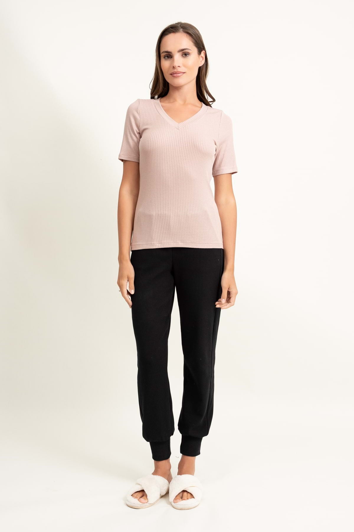 Loungewear viscose v-neck T-SHIRT – powder pink