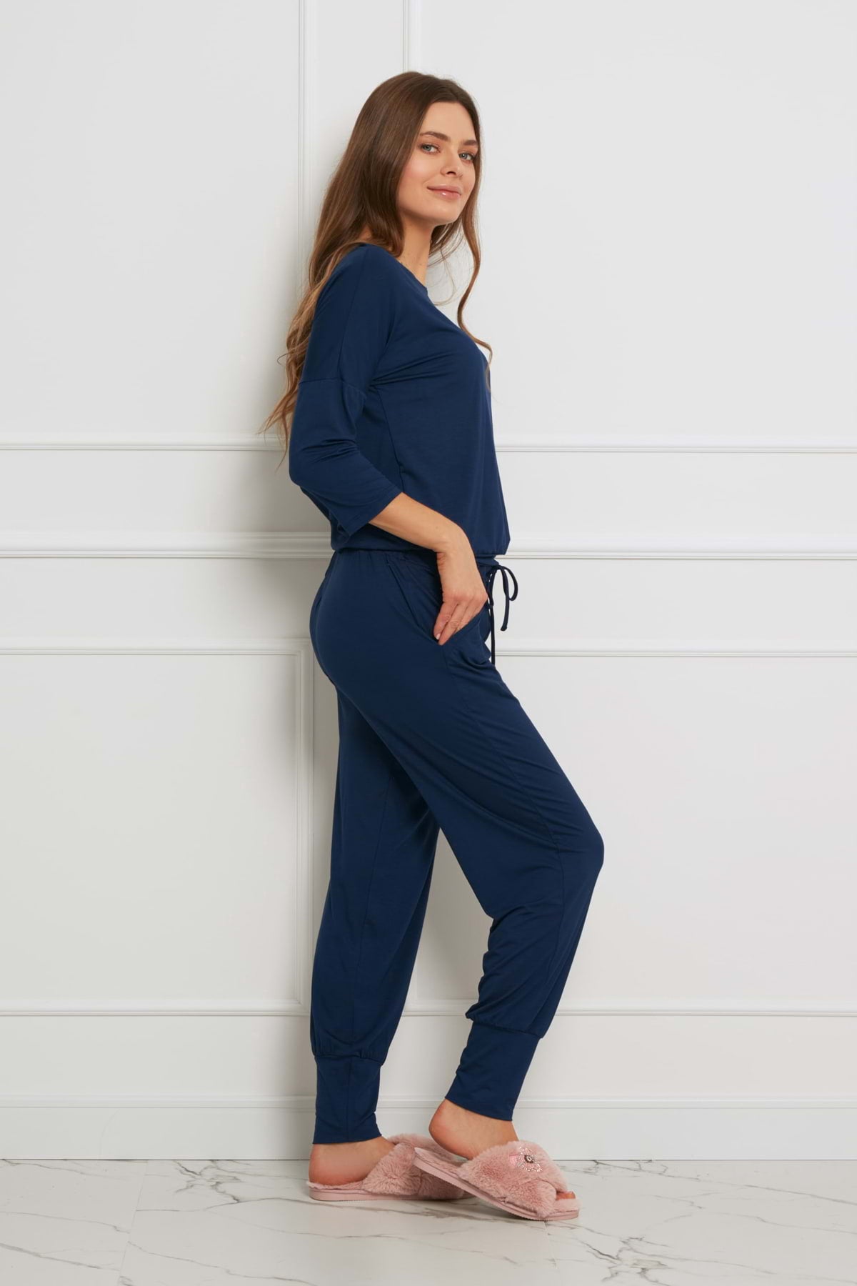 Loungewear long set with pants with pockets - navy blue