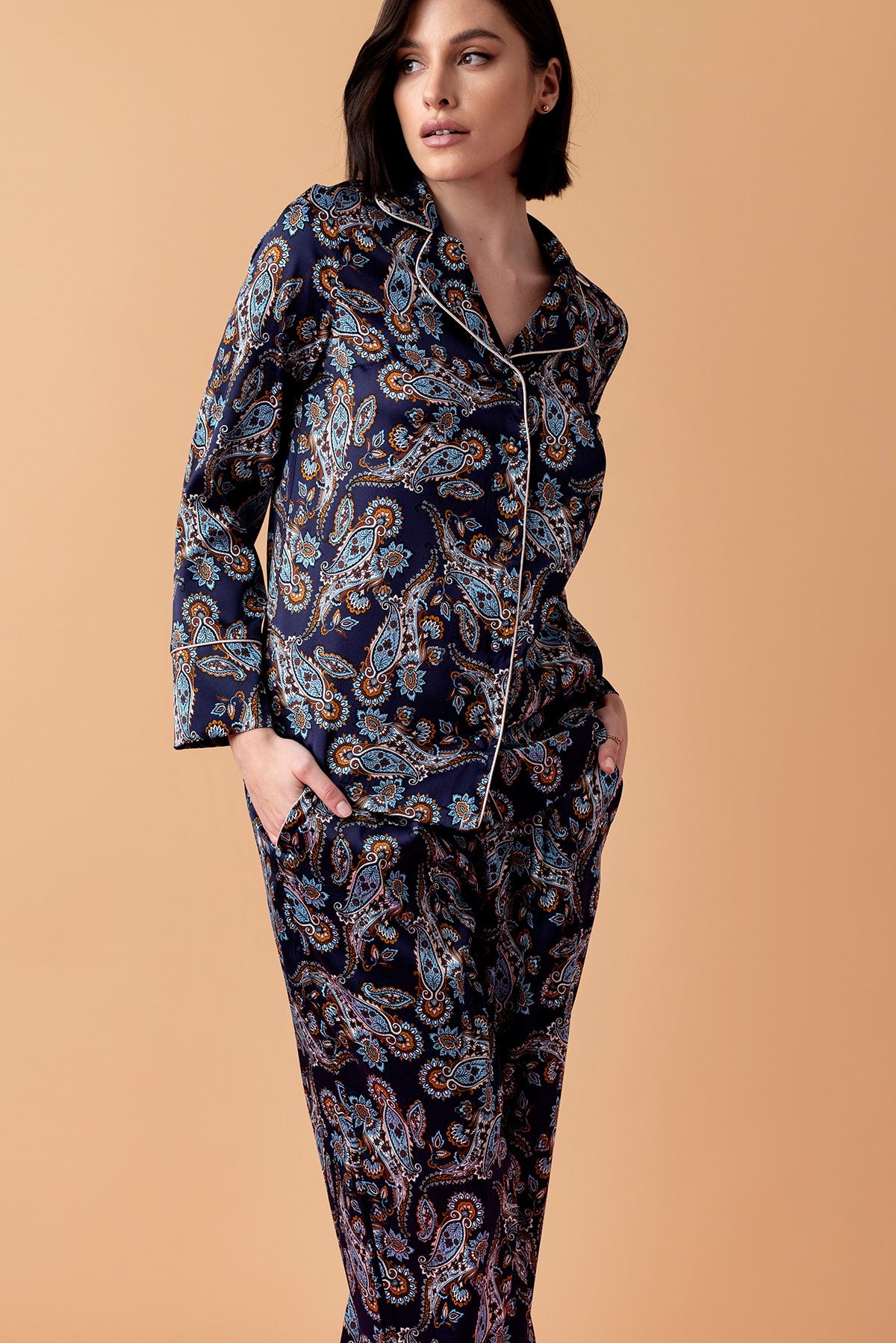 Oh!Zuza Lullaby Long Silk Pajamas – Deep Navy, Paisley Pattern