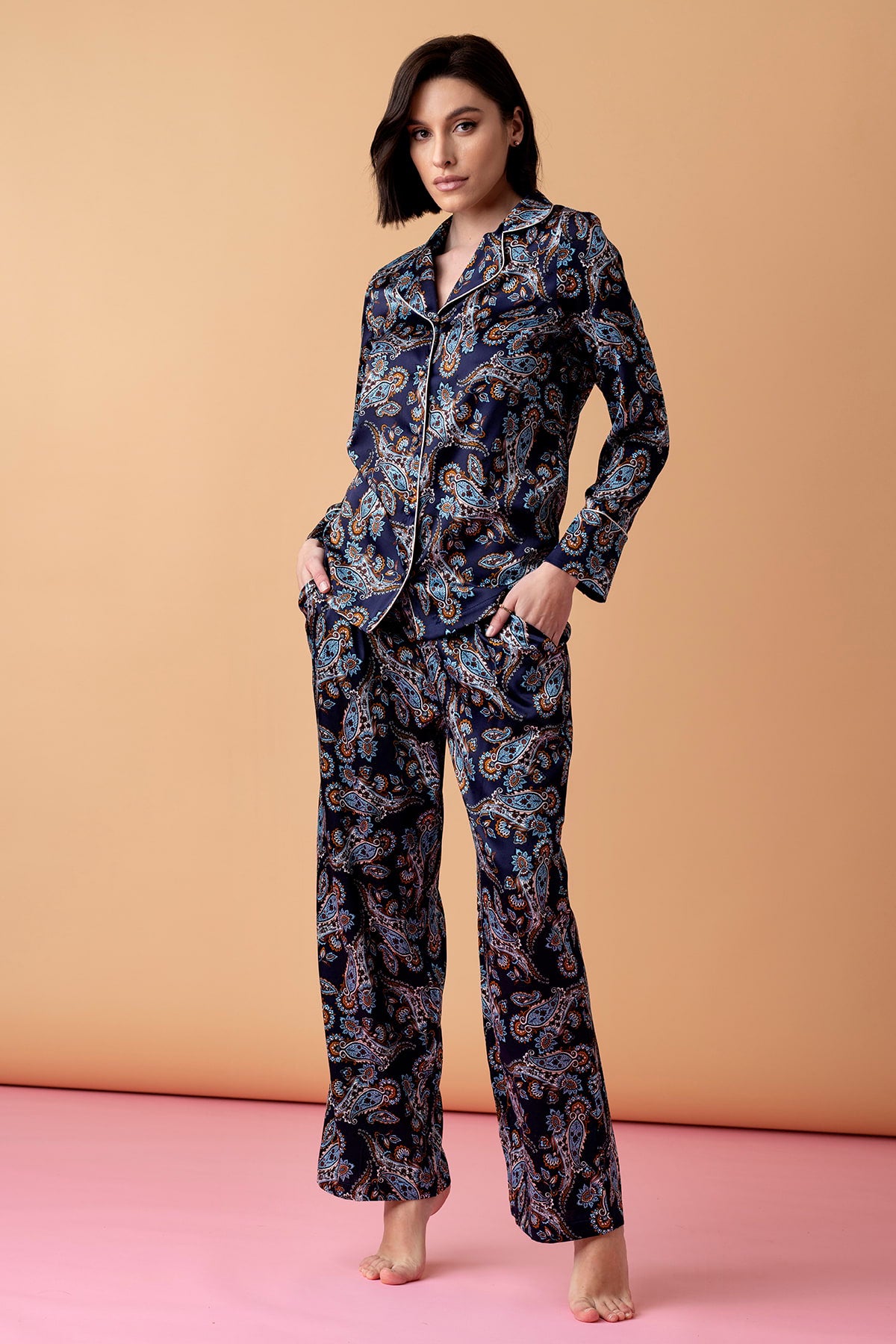 Oh!Zuza Lullaby Long Silk Pajamas – Deep Navy, Paisley Pattern