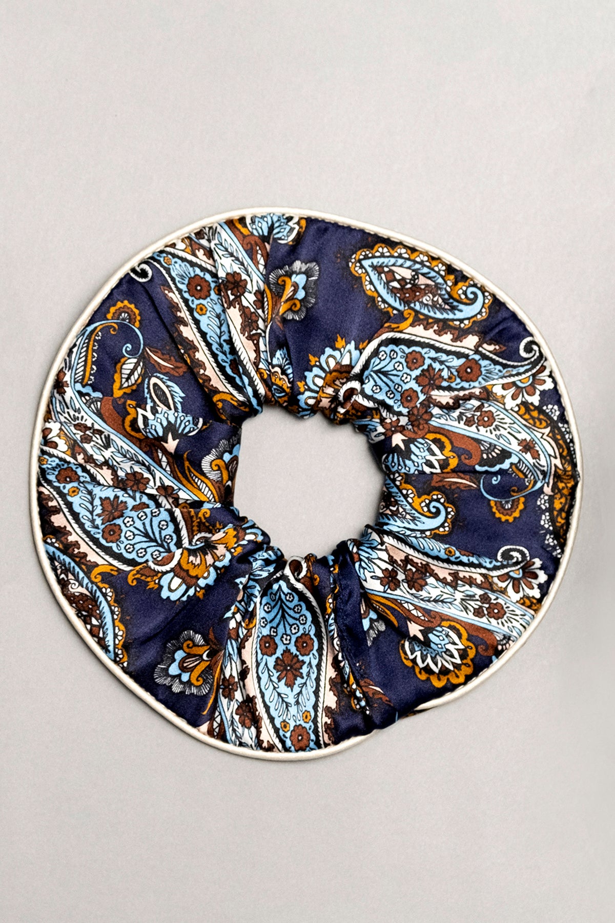 Lullaby silk scrunchie with decorative edge – navy paisley