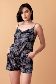 Lullaby kurzes Seidenpyjama-Set – Dunkelblau, Paisleymuster