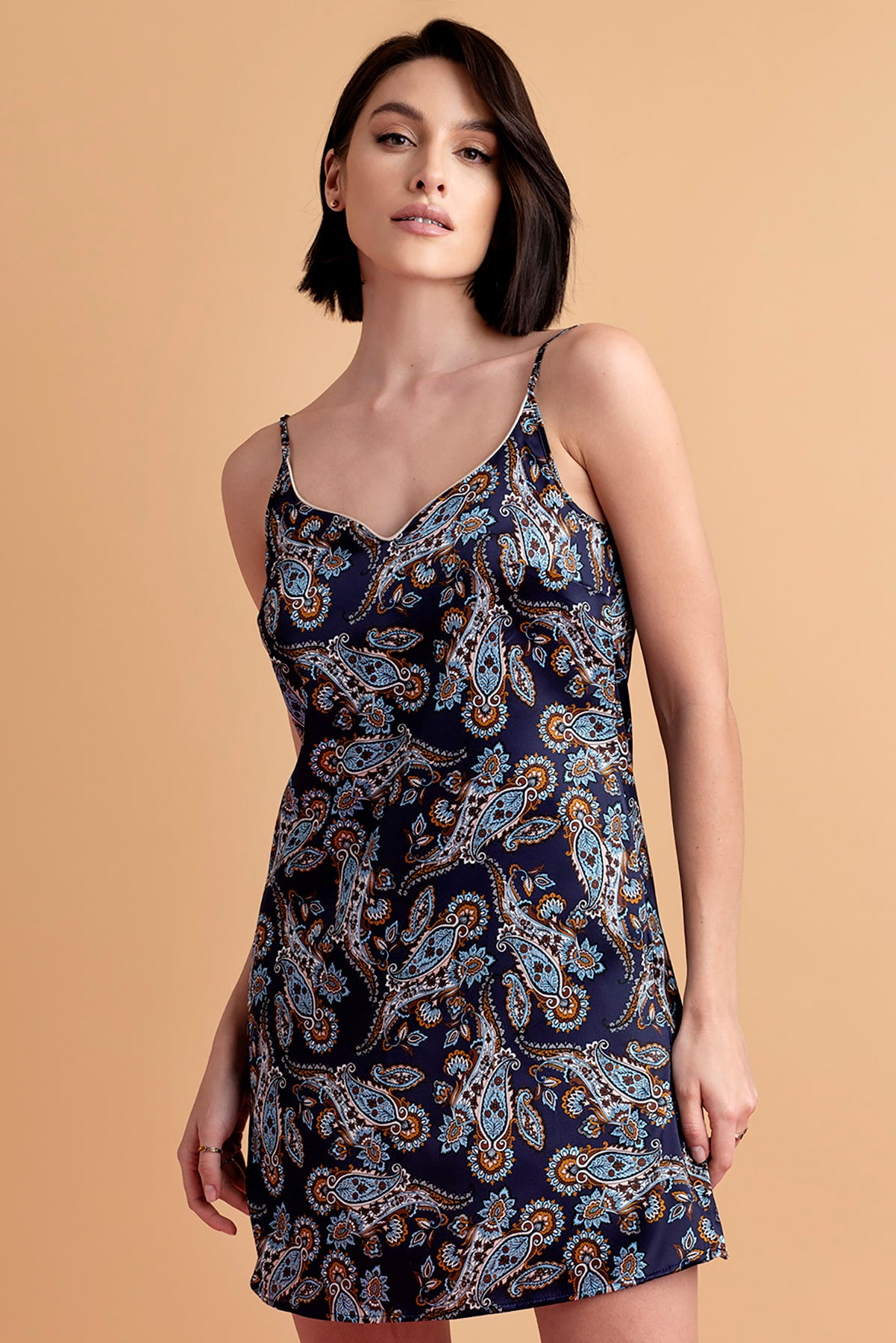 Lullaby jedwabny komplet koszulka na ramiączkach i peniuar Oh!Zuza – granat paisley_7