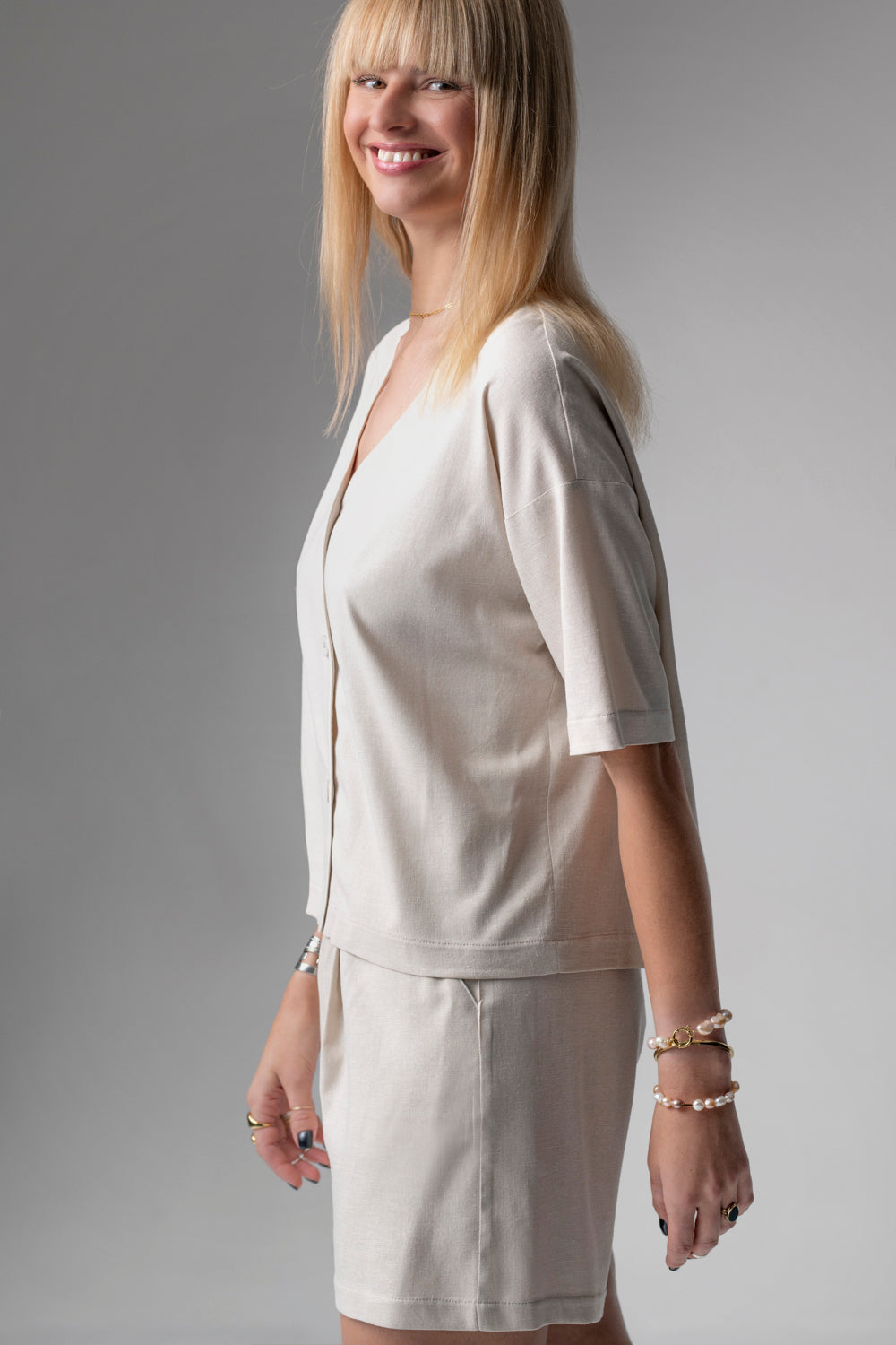 Meryl Lniany krótki komplet loungewear - beż_4