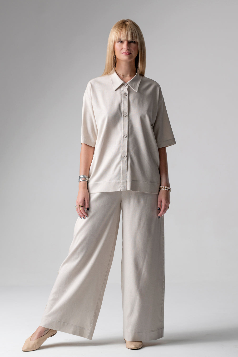 Meryl lniany komplet loungewear z długimi spodniami - beż