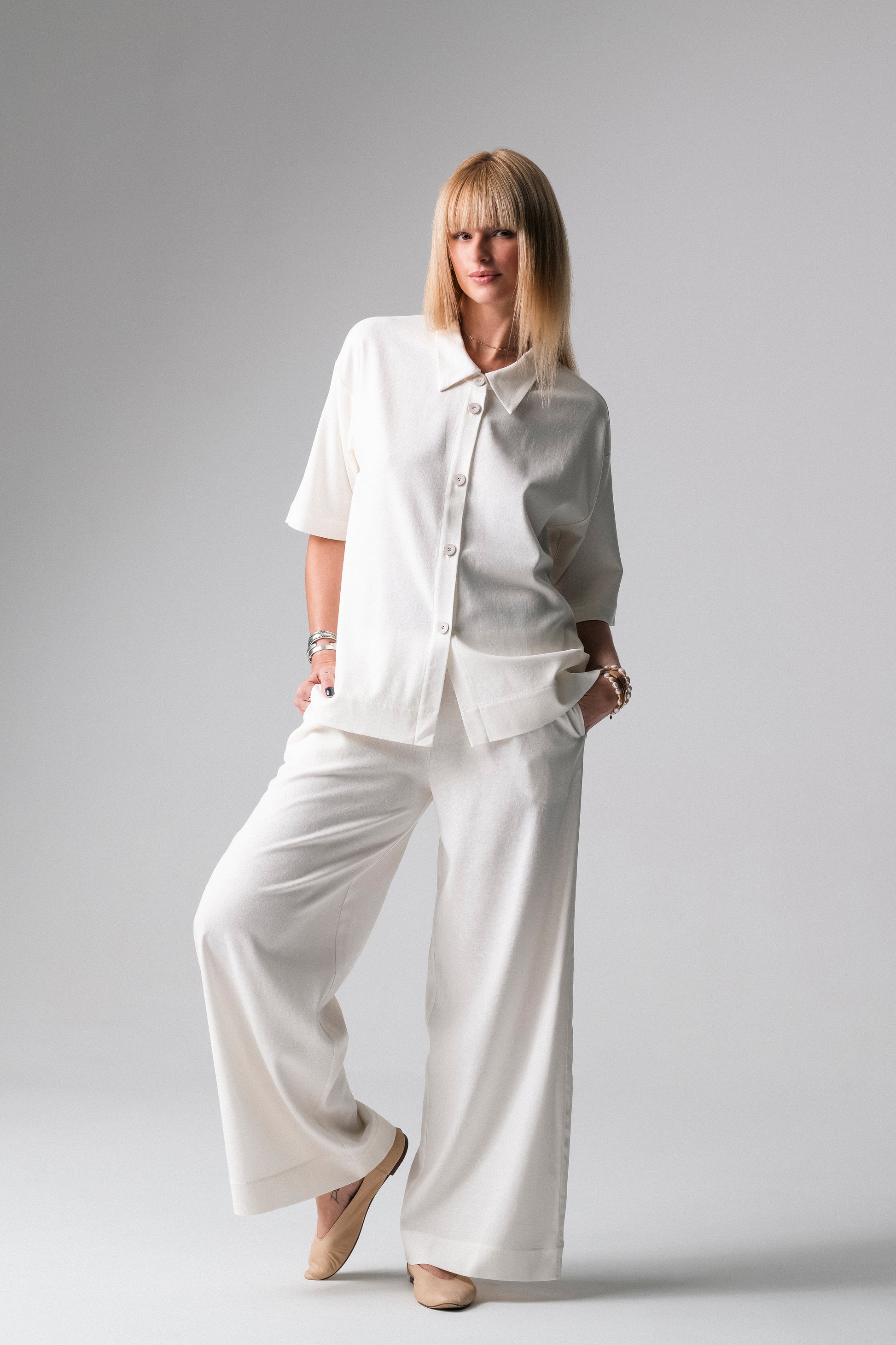 Meryl Lniany komplet loungewear z długimi spodniami - krem