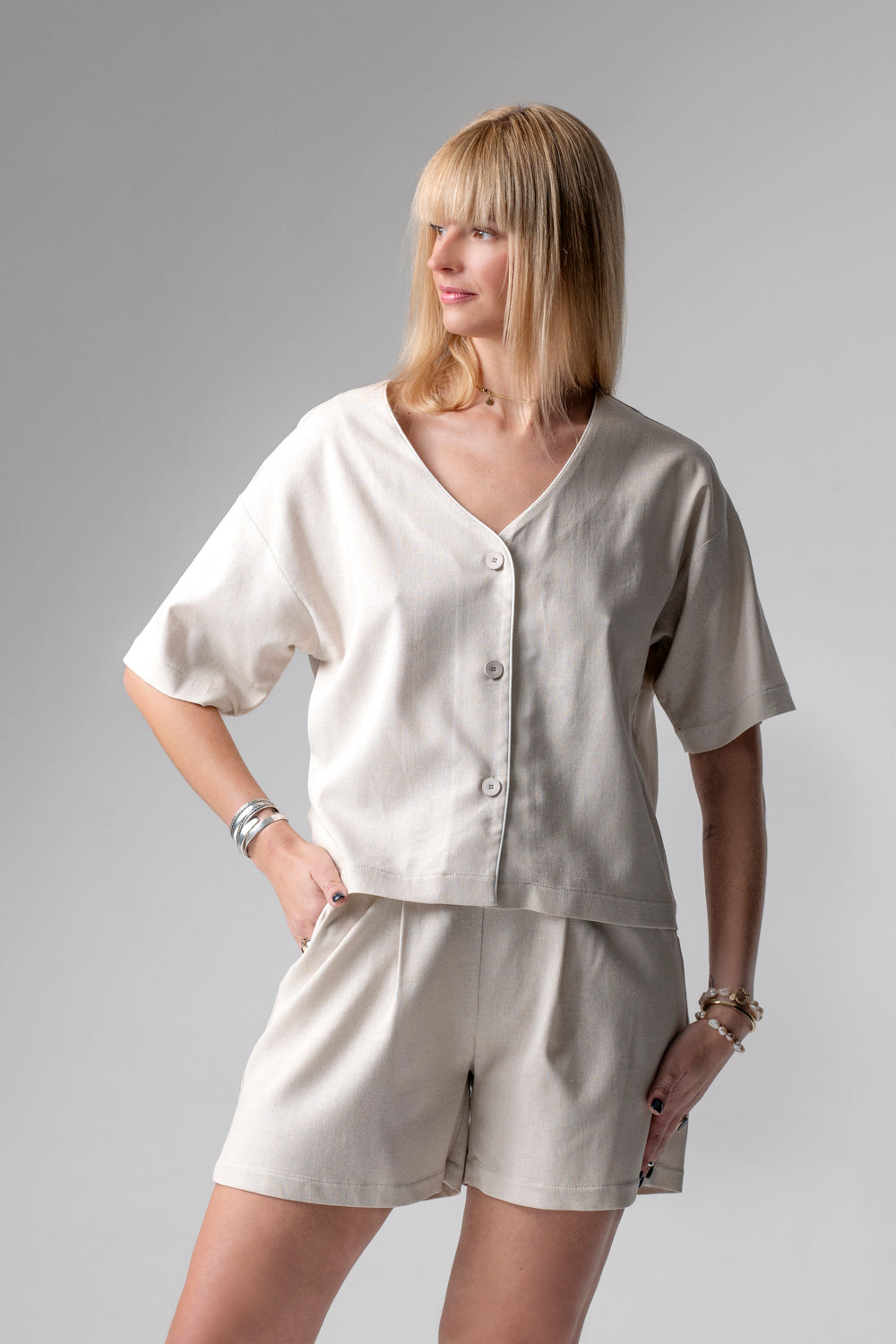 Meryl Lniany krótki komplet loungewear - beż