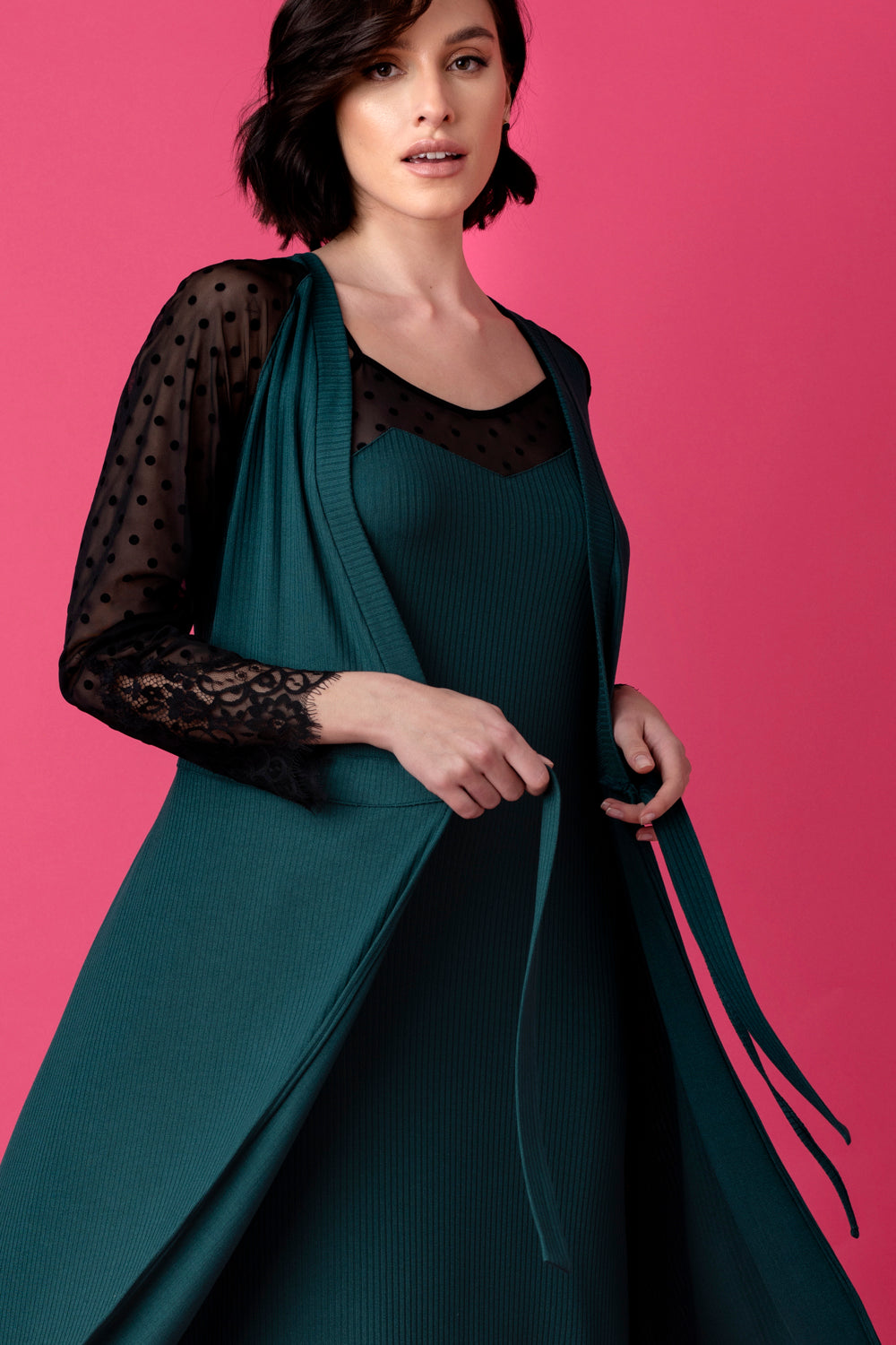 Opera long peignoir with tulle and lace – dark bottle green